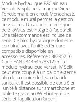 Module hydraulique Versati IV Split 4,3 kWatts Monophasé R32