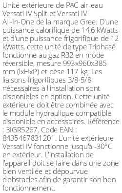 Unité extérieure Versati IV Split et All-in-One 14,6 kWatts Triphasé R32