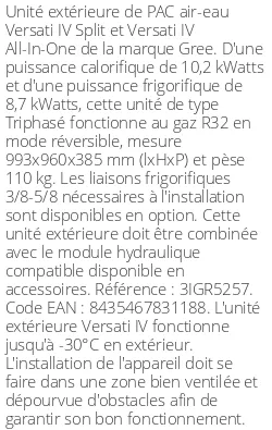 Unité extérieure Versati IV Split et All-in-One 10,2 kWatts Triphasé R32