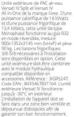 Unité extérieure Versati IV Split et All-in-One 16 kWatts Monophasé R32
