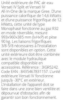 Unité extérieure Versati IV Split et All-in-One 14,6 kWatts Monophasé R32