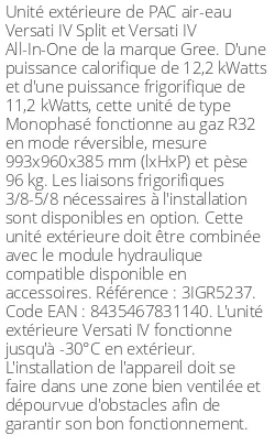 Unité extérieure Versati IV Split et All-in-One 12,2 kWatts Monophasé R32