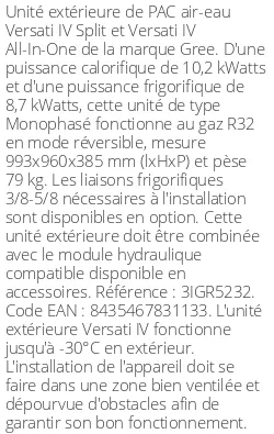 Unité extérieure Versati IV Split et All-in-One 10,2 kWatts Monophasé R32