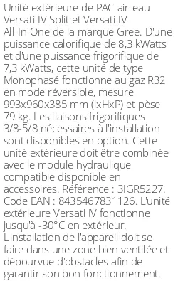 Unité extérieure Versati IV Split et All-in-One 8,3 kWatts Monophasé R32