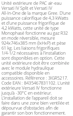 Unité extérieure Versati IV Split et All-in-One 4,3 kWatts Monophasé R32