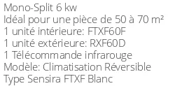 Climatiseur Mural Daikin Sensira FTXF60F + RXF60D
