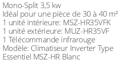Climatiseur Réversible Mitsubishi MSZ-HR35VFK