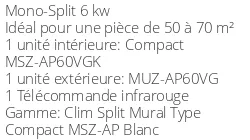 Climatisation Inverter Mitsubishi MSZ-AP60VGK + MUZ-AP60VG