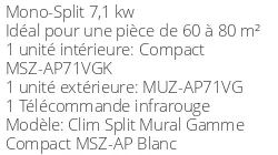 Climatisation Réversible Mitsubishi MSZ-AP71VGK