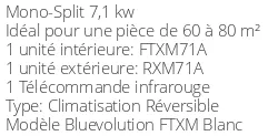 Climatiseur Daikin FTXM71A + RXM71A BLUEVOLUTION