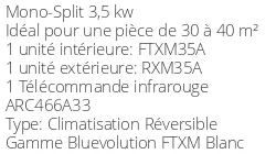 Climatiseur Daikin FTXM35A + RXM35A BLUEVOLUTION