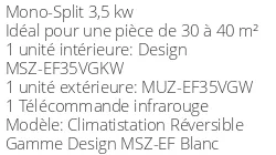 Climatiseur Mitsubishi MSZ-EF35VGKW + MUZ-EF35VG