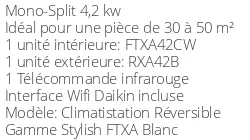 Climatiseur Daikin Stylish FTXA42CW + RXA42B