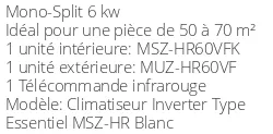 Climatiseur Réversible Mitsubishi MSZ-HR60VFK