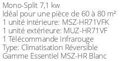 Climatiseur Réversible Mitsubishi MSZ-HR71VFK