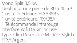 Climatiseur Daikin Stylish FTXA35BS + RXA35A
