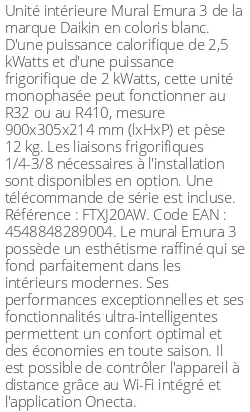 Split mural Emura 3 - 2.5 kWatts Blanc - R32/R410 - Daikin - Réf : FTXJ20AW