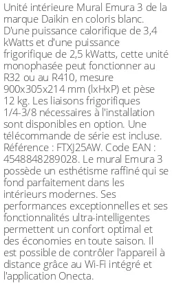 Split mural Emura 3 - 3.4 kWatts Blanc - R32/R410 - Daikin - Réf : FTXJ25AW