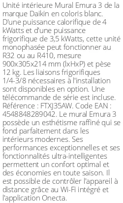 Split mural Emura 3 - 4 kWatts Blanc - R32/R410 - Daikin - Réf : FTXJ35AW