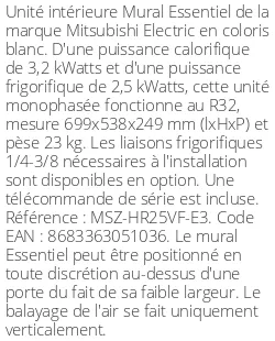 Split mural Essentiel - 3.2 kWatts - R32 - Mitsubishi Electric - Réf : MSZ-HR25VF-E3