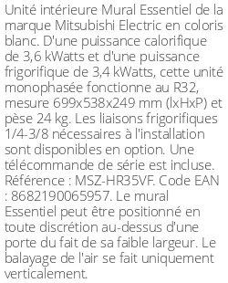 Split mural Essentiel - 3.6 kWatts - R32 - Mitsubishi Electric - Réf : MSZ-HR35VF