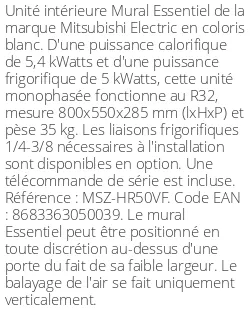 Split mural Essentiel - 5.4 kWatts - R32 - Mitsubishi Electric - Réf : MSZ-HR50VF