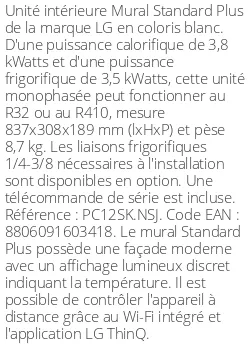 Split mural Standard Plus - 3.8 kWatts - R32/R410 - LG - Réf : PC12SK.NSJ