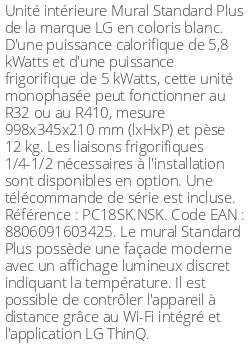 Split mural Standard Plus - 5.8 kWatts - R32/R410 - LG - Réf : PC18SK.NSK