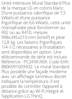 Split mural Standard Plus - 7.5 kWatts - R32/R410 - LG - Réf : PC24SK.NSK