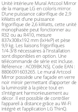 Split mural Artcool Mirror - 2.9 kWatts - R32/R410 - LG - Réf : AC09BK.NSJ