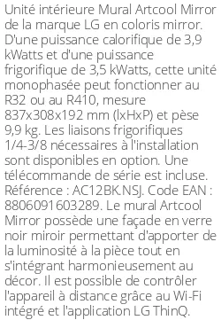 Split mural Artcool Mirror - 3.9 kWatts - R32/R410 - LG - Réf : AC12BK.NSJ