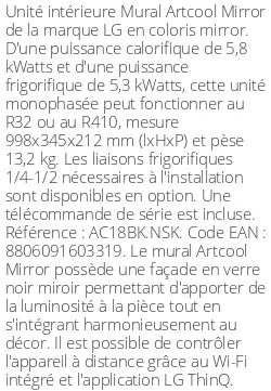 Split mural Artcool Mirror - 5.8 kWatts - R32/R410 - LG - Réf : AC18BK.NSK
