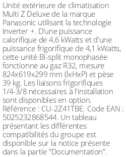 Unité extérieure Multi-split Z Deluxe 4.6 kWatts 2 sorties - R32 - Panasonic - Réf : CU-2Z41TBE