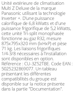 Unité extérieure Multi-split Z Deluxe 6.8 kWatts 3 sorties - R32 - Panasonic - Réf : CU-3Z52TBE