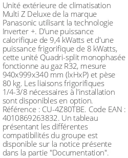 Unité extérieure Multi-split Z Deluxe 9.4 kWatts 4 sorties - R32 - Panasonic - Réf : CU-4Z80TBE