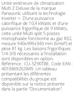 Unité extérieure Multi-split Z Deluxe 10.4 kWatts 5 sorties - R32 - Panasonic - Réf : CU-5Z90TBE