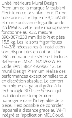 Split mural Design Premium - 3.2 kWatts Blanc Pur - R32 - Mitsubishi Electric - Réf : MSZ-LN25VG2W-E3