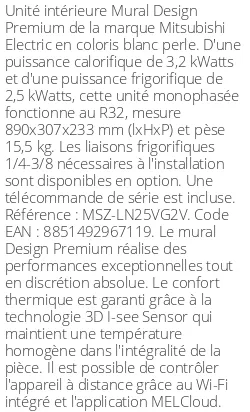 Split mural Design Premium - 3.2 kWatts Blanc Perle - R32 - Mitsubishi Electric - Réf : MSZ-LN25VG2V