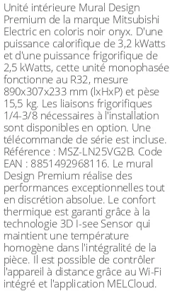 Split mural Design Premium - 3.2 kWatts Noir Onyx - R32 - Mitsubishi Electric - Réf : MSZ-LN25VG2B