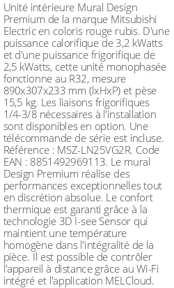 Split mural Design Premium - 3.2 kWatts Rouge Rubis - R32 - Mitsubishi Electric - Réf : MSZ-LN25VG2R