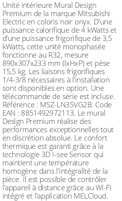 Split mural Design Premium - 4 kWatts Noir Onyx - R32 - Mitsubishi Electric - Réf : MSZ-LN35VG2B