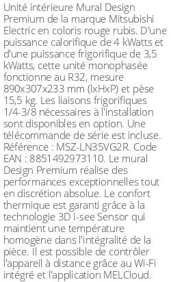 Split mural Design Premium - 4 kWatts Rouge Rubis - R32 - Mitsubishi Electric - Réf : MSZ-LN35VG2R