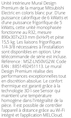 Split mural Design Premium - 6 kWatts Blanc Pur - R32 - Mitsubishi Electric - Réf : MSZ-LN50VG2W