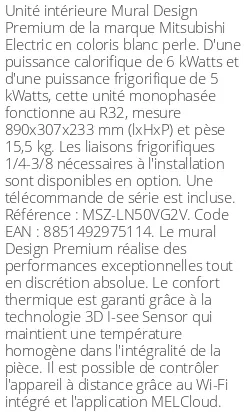 Split mural Design Premium - 6 kWatts Blanc Perle - R32 - Mitsubishi Electric - Réf : MSZ-LN50VG2V