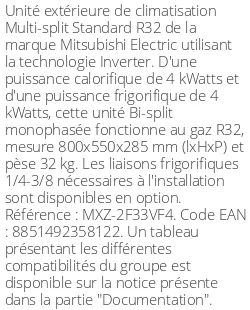 Unité extérieure Multi-split Standard 4 kWatts 2 sorties - R32 - Mitsubishi Electric - Réf : MXZ-2F33VF4
