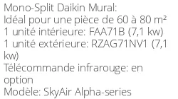 Climatiseur Mural SkyAir Alpha-series 6,8 kWatts Monophasé
