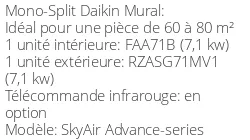 Climatiseur Mural SkyAir Advance-series 6,8 kWatts Monophasé