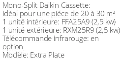 Climatiseur Cassette Extra Plate 2,5 kWatts
