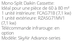 Climatiseur Cassette SkyAir Advance-series 6,8 kWatts Monophasé