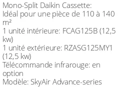 Climatiseur Cassette SkyAir Advance-series 12,1 kWatts Triphasé